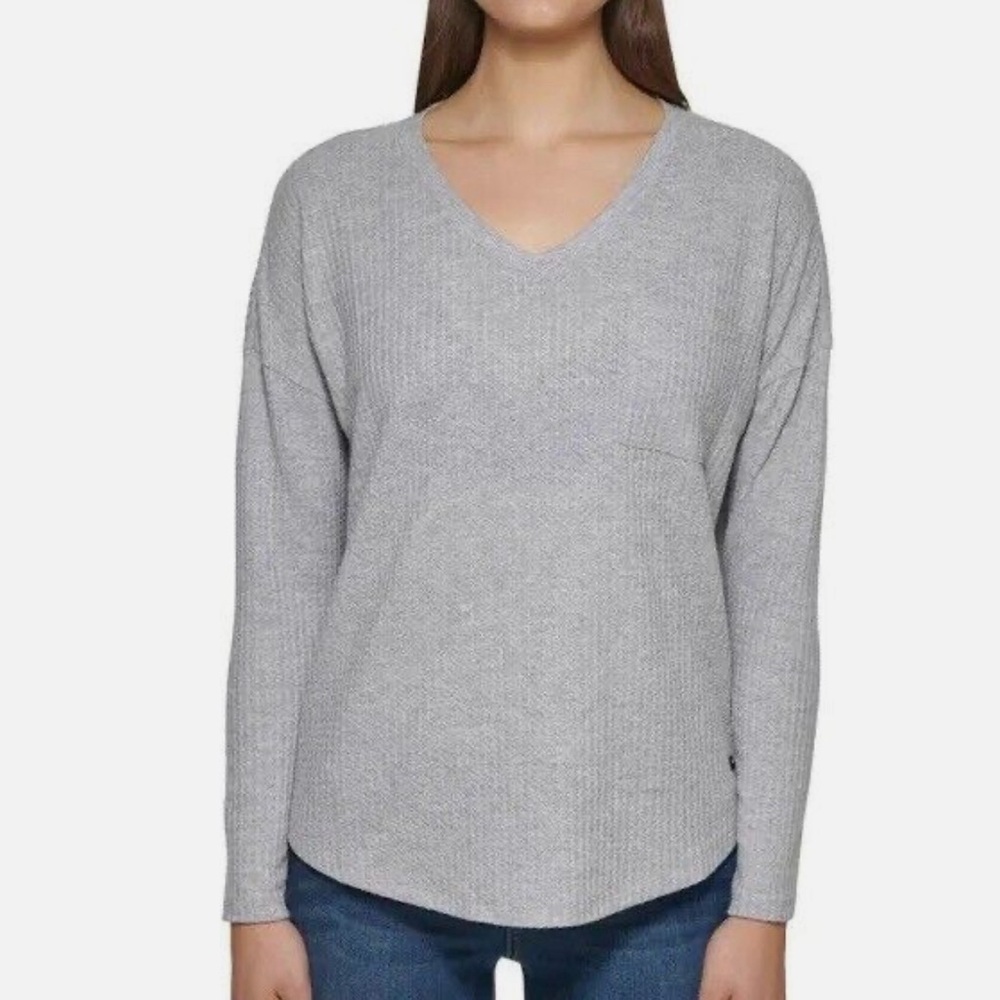 NWT Calvin Klein Lightweight Oversized V-Neck Waffle Knit Long Sleeve Top